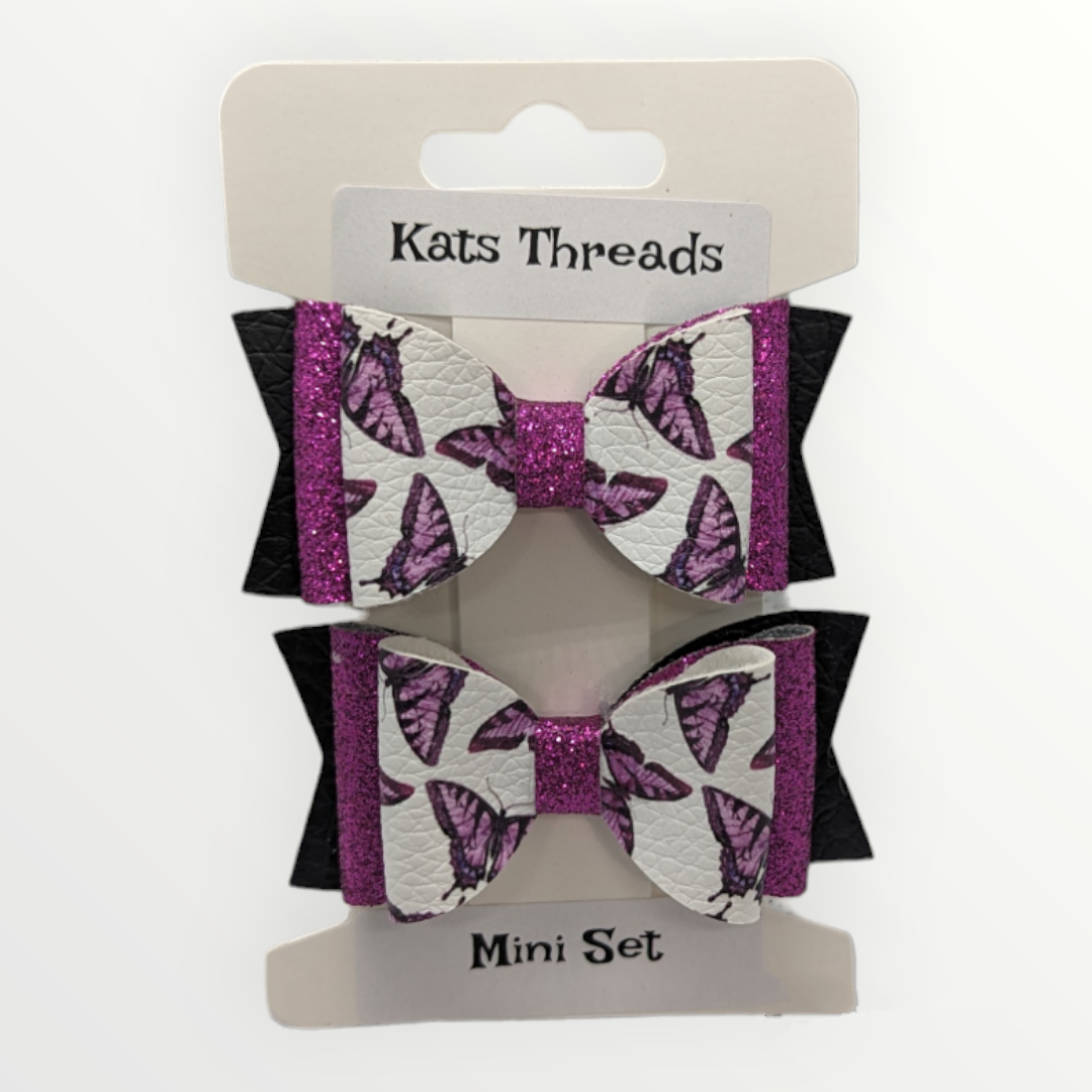 Mini Butterfly Print with Purple Glitter Faux Leather Bow Set