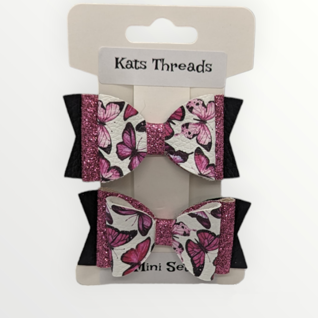 Mini Butterfly Print with Pink Glitter Faux Leather Bow Set