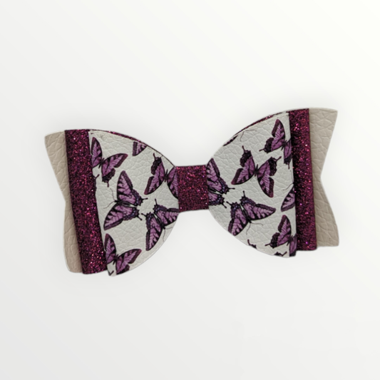 Butterfly Print with Purple Glitter Faux Leather Bow
