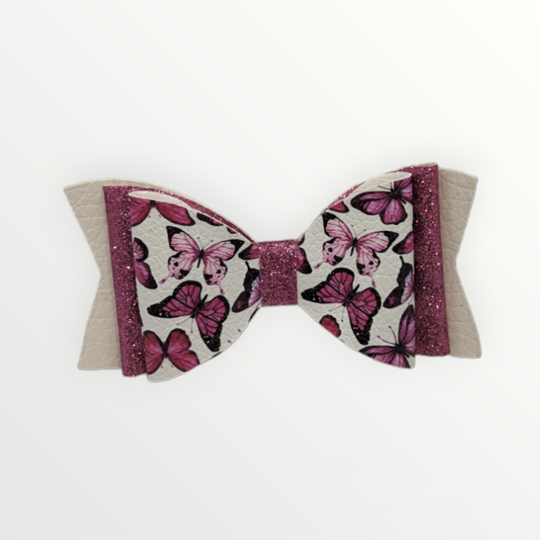 Butterfly Print with Pink Glitter Faux Leather Bow