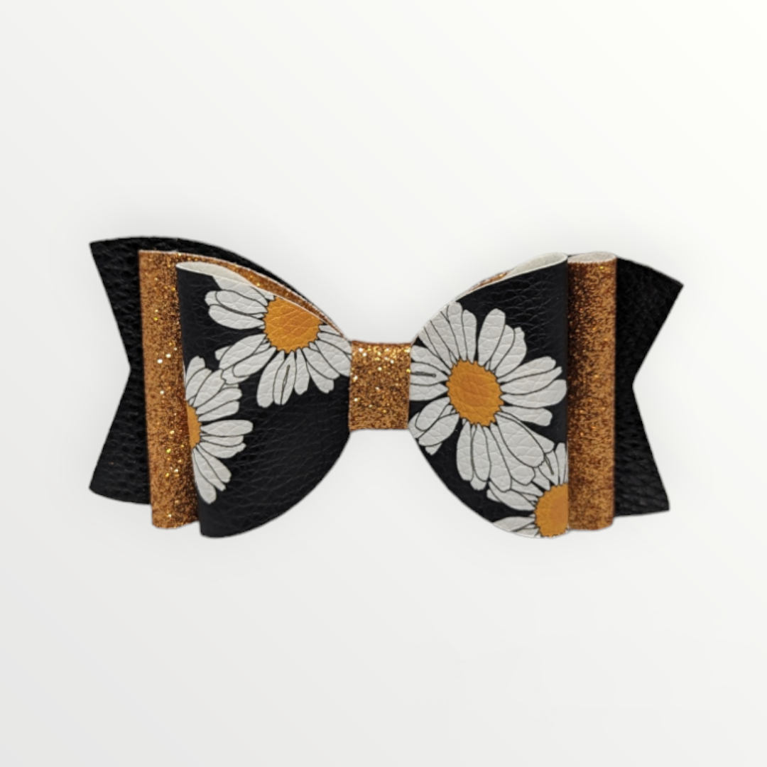 Daisy Print with Gold Glitter Faux Leather Bow