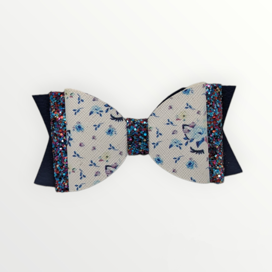 Floral Cat Eye Print with Chunky Blue Glitter Faux Leather Bow