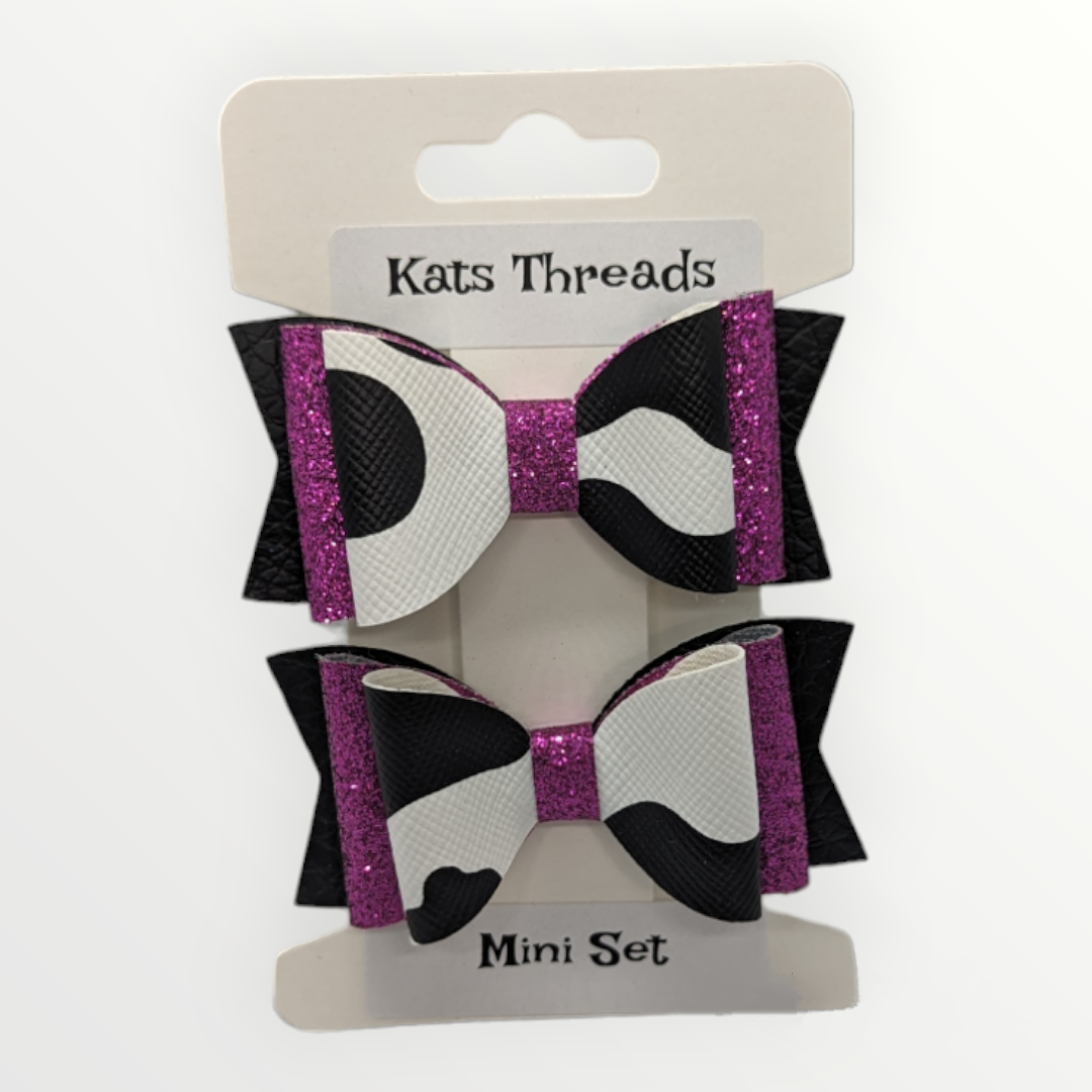 Mini Cow Print with Purple Glitter Faux Leather Bow Set