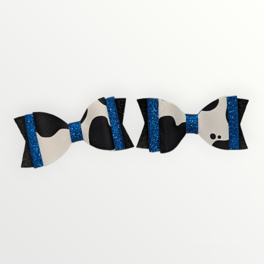 Mini Cow Print with Blue Glitter Faux Leather Bow Set