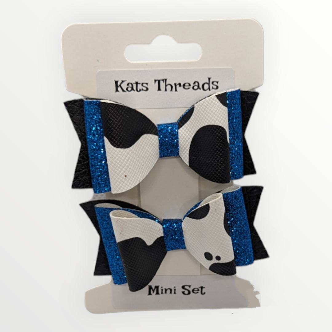 Mini Cow Print with Blue Glitter Faux Leather Bow Set