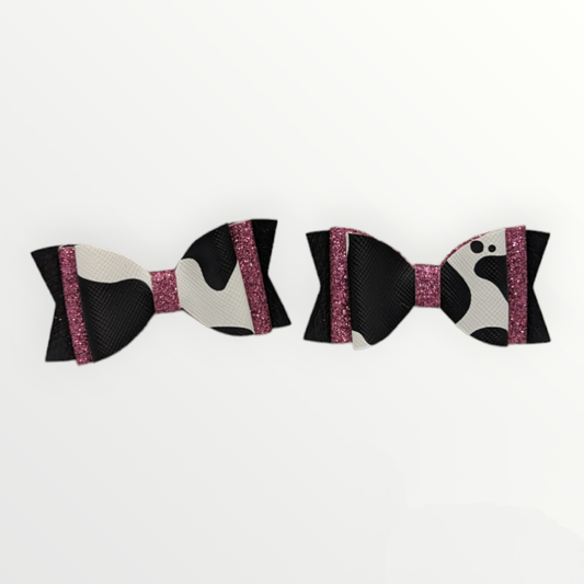 Mini Cow Print with Pink Glitter Faux Leather Bow Set
