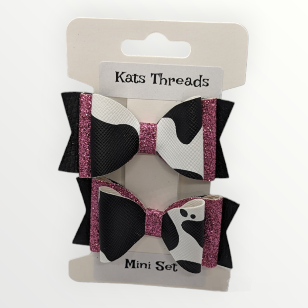 Mini Cow Print with Pink Glitter Faux Leather Bow Set