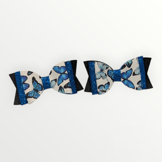 Mini Butterfly Print with Blue Glitter Faux Leather Bow Set