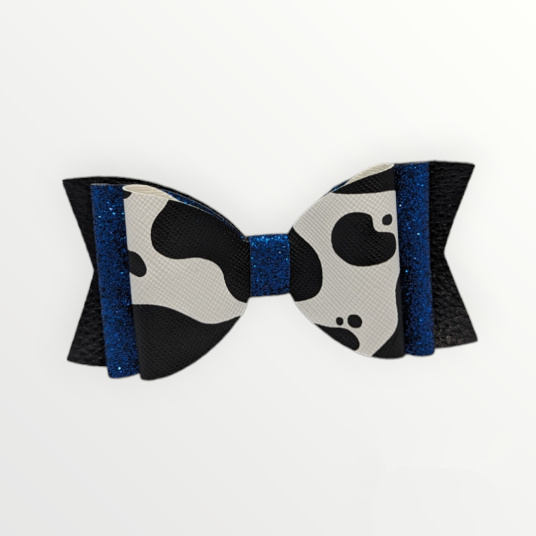 Cow Print with Blue Glitter Faux Leather Bow