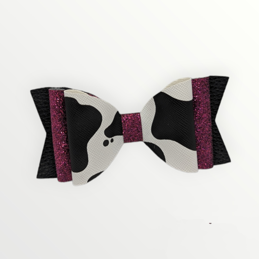 Cow Print with Purple Glitter Faux Leather Bow