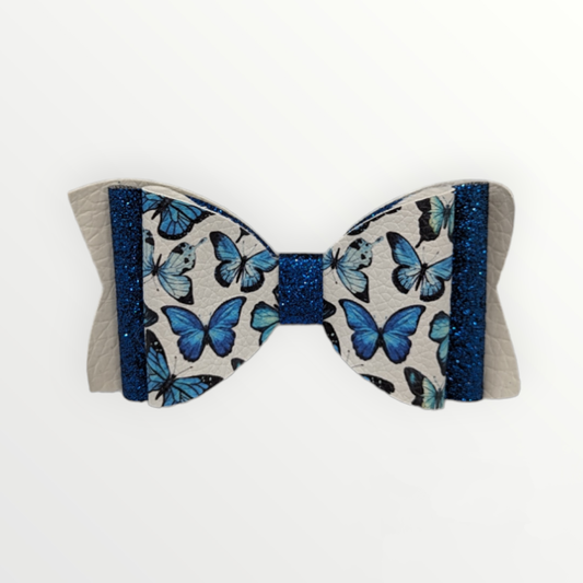 Butterfly Print with Blue Glitter Faux Leather Bow